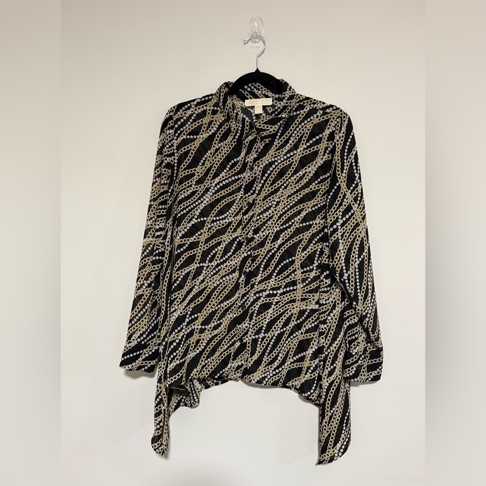 Michael Kors Black Semi-Sheer Chain & Pearl Blouse Size XL Old Money Maximalist